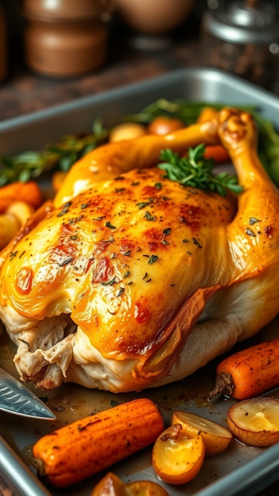 Crispy Baked Chicken at 425°F Crispy baked chicken on a baking sheet with roasted vegetables.